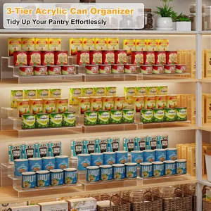 3-tier clear acrylic pantry organizer shown holding various food cans