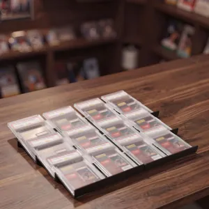 Modular acrylic display stands for graded trading cards arranged on a wooden surface.