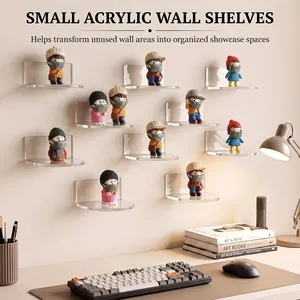 Small acrylic wall shelves for miniature figures, clear floating display racks for collectibles.