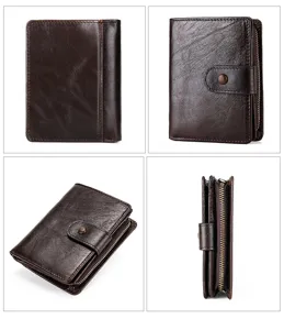 Mehrere Ansichten einer vintage dunkelbraunen Herren-Lederbrieftasche mit Verschluss.