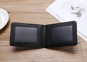 Internal view of a slim black leather driver's license holder with dual ID windows