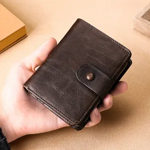 Hochwertiges Herrenportemonnaie aus braunem Crazy-Horse-Leder mit RFID-Schutz und Verschluss