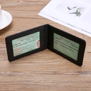 Slim black leather driver's license holder with dual transparent ID windows