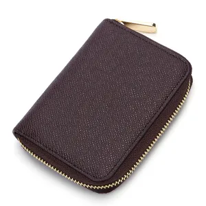 Elegante cartera corta para mujer marrón oscuro con textura cruzada y cremallera