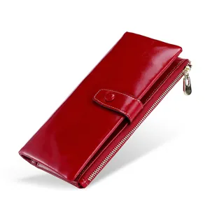 Vintage RFID-Ledergeldbörse für Damen in Rot, langes Design mit sicherem Reißverschluss