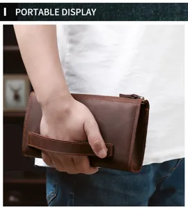 Detailansicht einer braunen Echtleder-Business-Clutch für Herren mit praktischer Handschlaufe