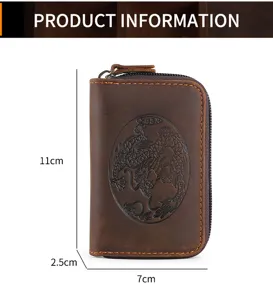 Detailed dimension view of a vintage leather card holder with an embossed dragon motif.