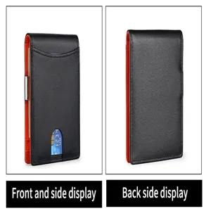 Vistas detalladas frontal y trasera de una cartera de cuero RFID negra con forro naranja.