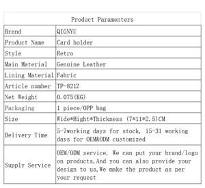 Retro genuine leather card holder detailed product specifications and size chart table