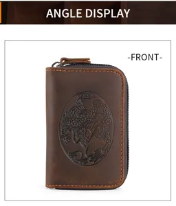 Professional detailed front view of a brown vintage leather card wallet with embossed dragon design