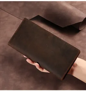 Cartera de mano delgada de cuero Crazy Horse marrón oscuro vintage para hombre, detalle