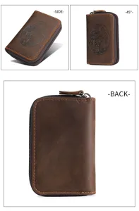 Multi-angle detail views of vintage brown leather card holder with dragon motif and zipper