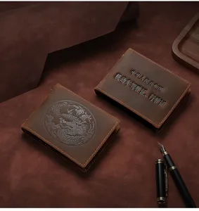 Close-up of vintage brown crazy horse leather driver's license wallet with dragon totem