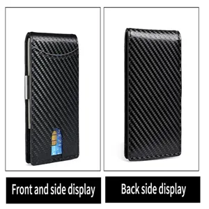 Vista frontal y trasera de una cartera de cuero RFID con patrón de fibra de carbono