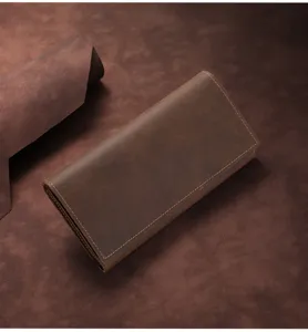 Vintage crazy horse leather long wallet for men, trifold design with large capacity.
