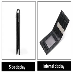 Vistas lateral e interna de una cartera delgada de fibra de carbono con clip de dinero.