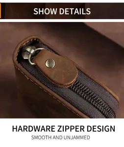 Close-up of premium leather card holder showing smooth hardware zipper design