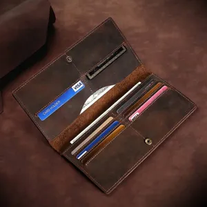 Cartera larga vintage de cuero Crazy Horse con múltiples ranuras para tarjetas y clip