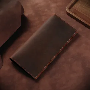 Cartera larga de cuero Crazy Horse vintage para hombre con diseño delgado y minimalista