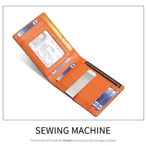 Cartera de cuero genuino naranja con bloqueo RFID, ventana de ID y clip para billetes metálico
