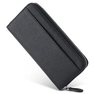 Detailed view of black genuine leather long wallet with zipper and external card slot.