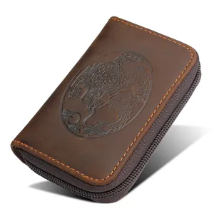 Premium brown leather zip-around card holder with traditional embossed dragon design.
