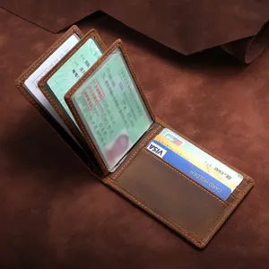Premium vintage Crazy Horse leather ID wallet and card holder with multiple slots