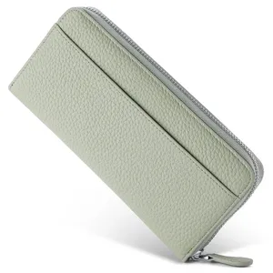 Details of sage green genuine leather long wallet with zipper and exterior card slot.