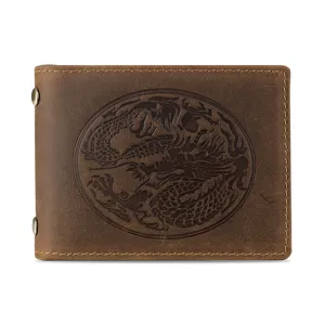 Vintage Crazy Horse leather card holder wallet with a detailed embossed dragon totem motif