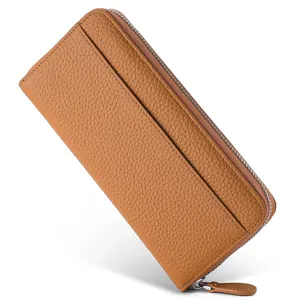 Genuine leather long wallet for women men, large capacity zip clutch bag with card slots.