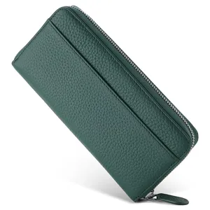 Dark green genuine leather long wallet for women with zipper closure and card slots.