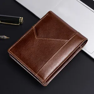 Cartera Retro para Hombre de Cuero Genuino Piel de Vaca Encerada Bloqueo RFID Cartera Corta de Tres Pliegues Vintage