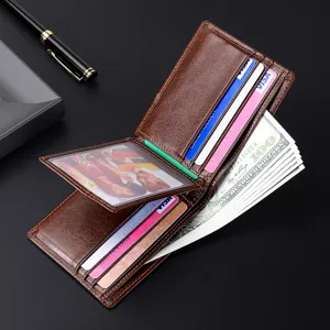Cartera retro de cuero genuino para hombre con bloqueo RFID y múltiples ranuras para tarjetas