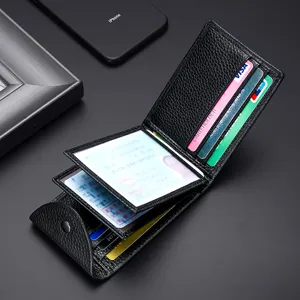 Black genuine leather men's wallet and driver's license holder with multiple card slots