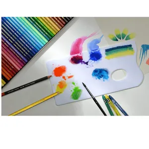 Close-up of white acrylic oval palette with watercolor swatches and art supplies