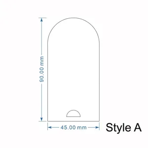 Dibujo dimensional de una etiqueta de asiento arqueada de acrílico de 90x45mm total.