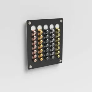 Modern black wall-mounted acrylic coffee capsule holder organizer with metallic pods