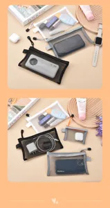 Detailed close-up view of various mesh zipper bags storing phone, power bank and cosmetics