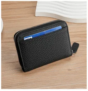 Black pebbled leather accordion card holder with zipper and RFID protection
