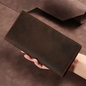 Vintage Herren-Langgeldbörse aus dunkelbraunem Crazy Horse Leder mit feinen Ziernähten