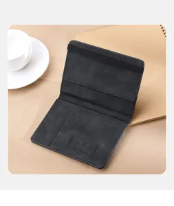 Black PU leather travel passport holder with card slots and SIM card storage for business.