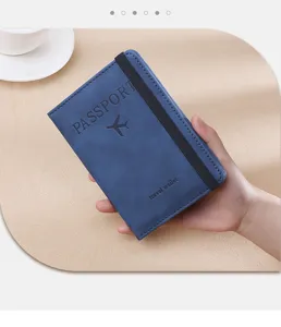 Blue travel passport wallet holder with elastic band and card slots for business trips.