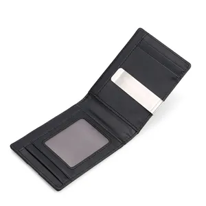 Cartera delgada de cuero RFID negra para hombre con clip metálico para billetes y ventana ID