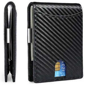 Billetera Delgada de Cuero Auténtico con Fibra de Carbono y Bloqueo RFID para Hombre Clip de Dinero Minimalista Negocios
