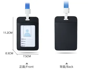 Black leather ID badge holder with lanyard showing front and back view dimensions