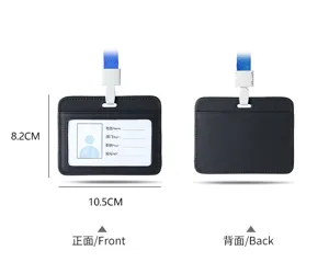 Detailed view and dimensions of black leather ID card holder with blue lanyard lanyard