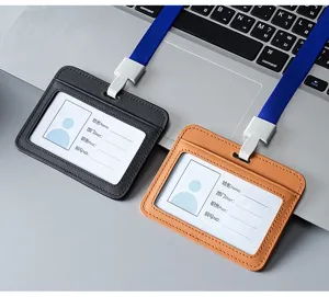 Professional genuine leather horizontal ID card holder with blue lanyard for office use.