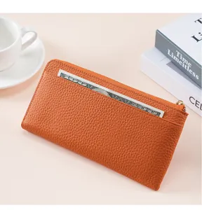Elegante portafoglio lungo da donna in pelle martellata arancione con cerniera dorata