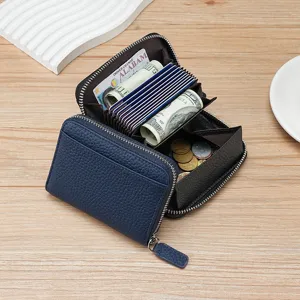 Genuine Leather RFID Blocking Accordion Card Holder Multi Slot Business Wallet Lychee Pattern Coin Purse For Men Women