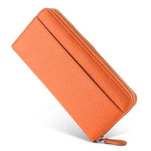 Orange leather long wallet detail view featuring smooth zipper closure and practical card slots.